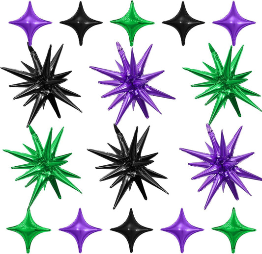 Black Purple Green Star Balloon,6Pcs 22Inch Explosion Star Balloons and 10Pcs 10Inch Four Angle Balloons Kit for Halloween Birthday Anniversary Baby Shower Wedding Party Decorations