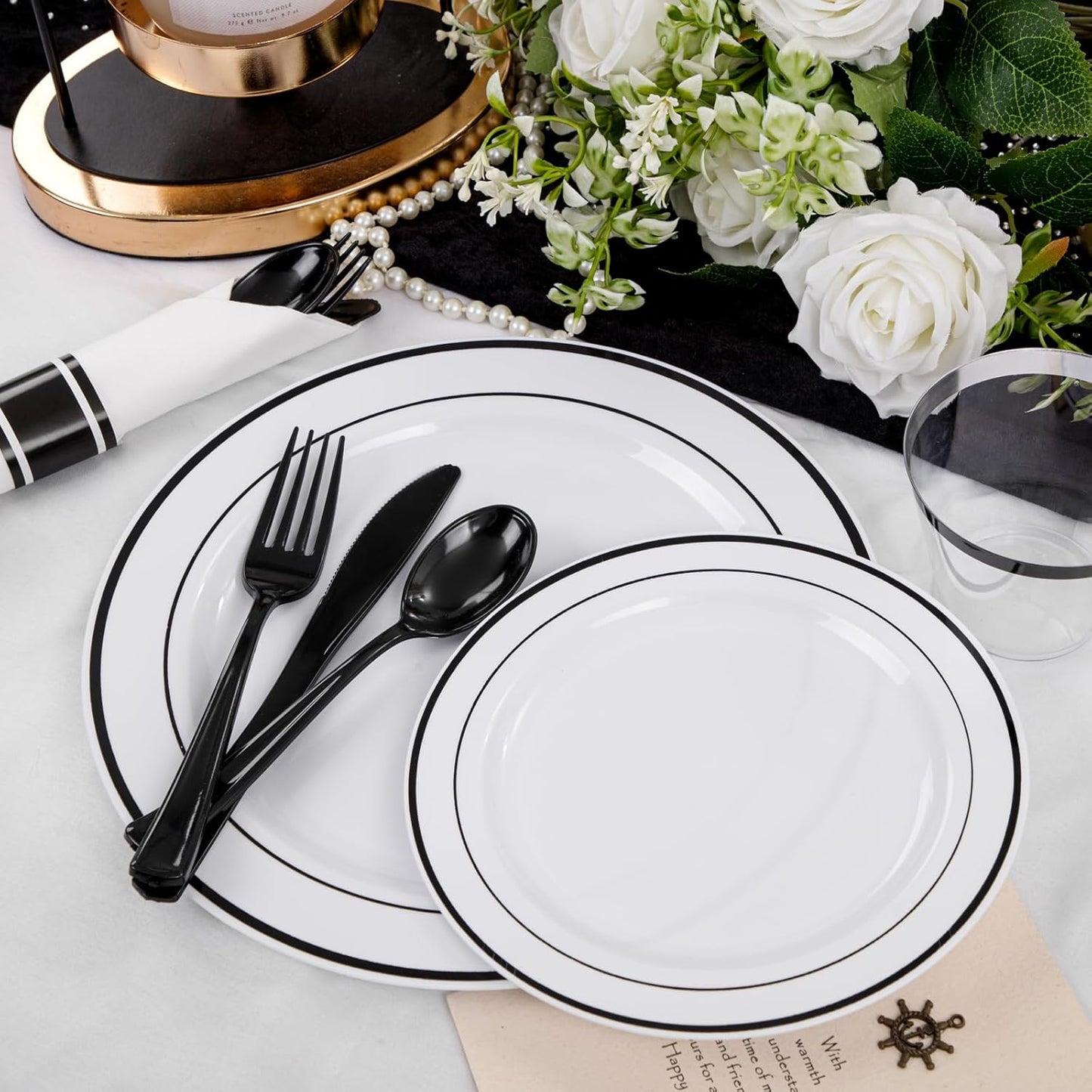 WELLIFE 350Pcs Black Plastic Dinnerware with Pre Rolled Napkins, Include:50 Dinner Plates, 50 Dessert Plates, 50 Paper Napkins, 50 Cups, 150 Plastic Cutlery
