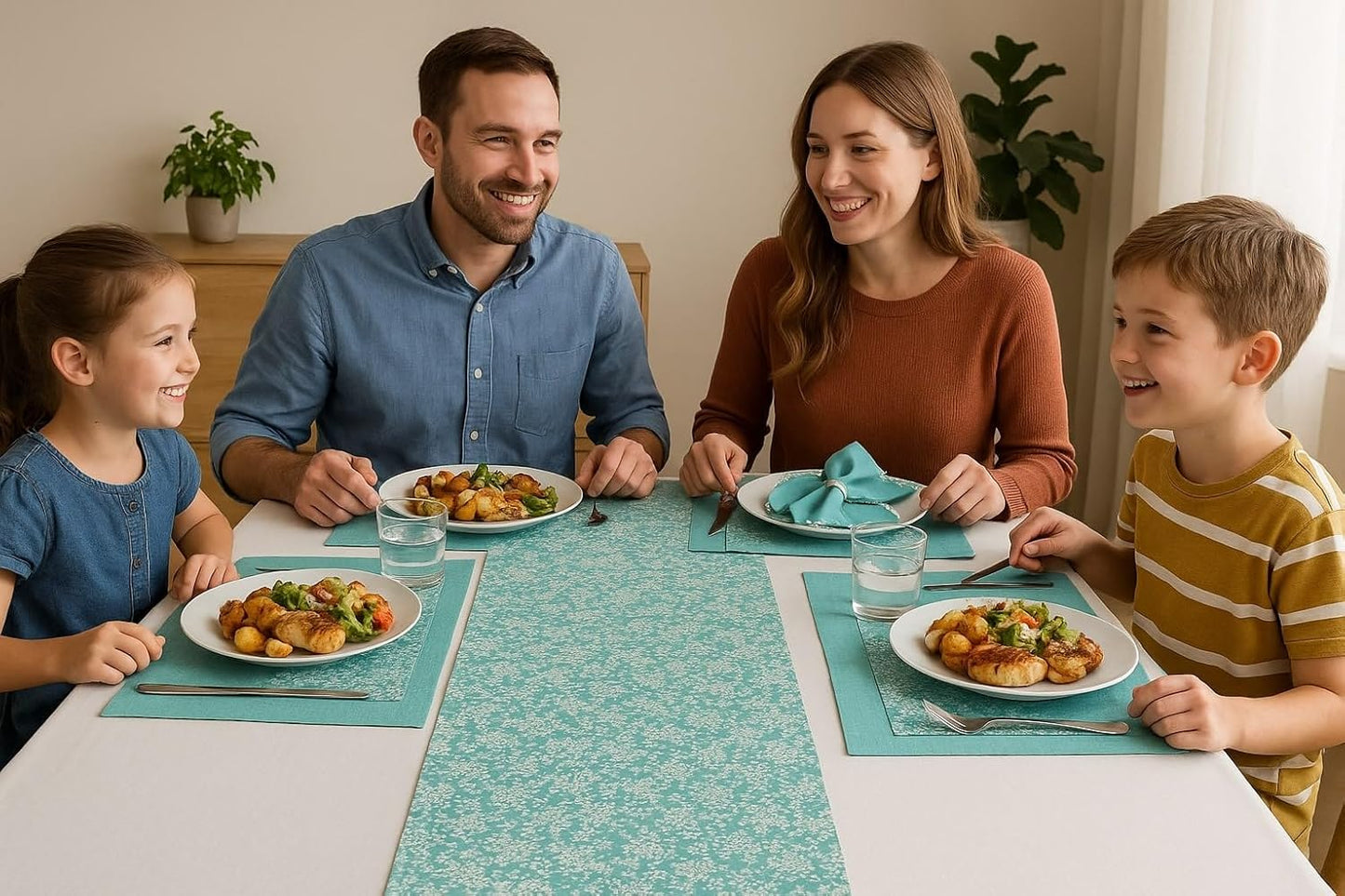 Indtresor Indian Heritage Fabric Cotton Table Linen Reversible Set Runner Napkins Mats in Green