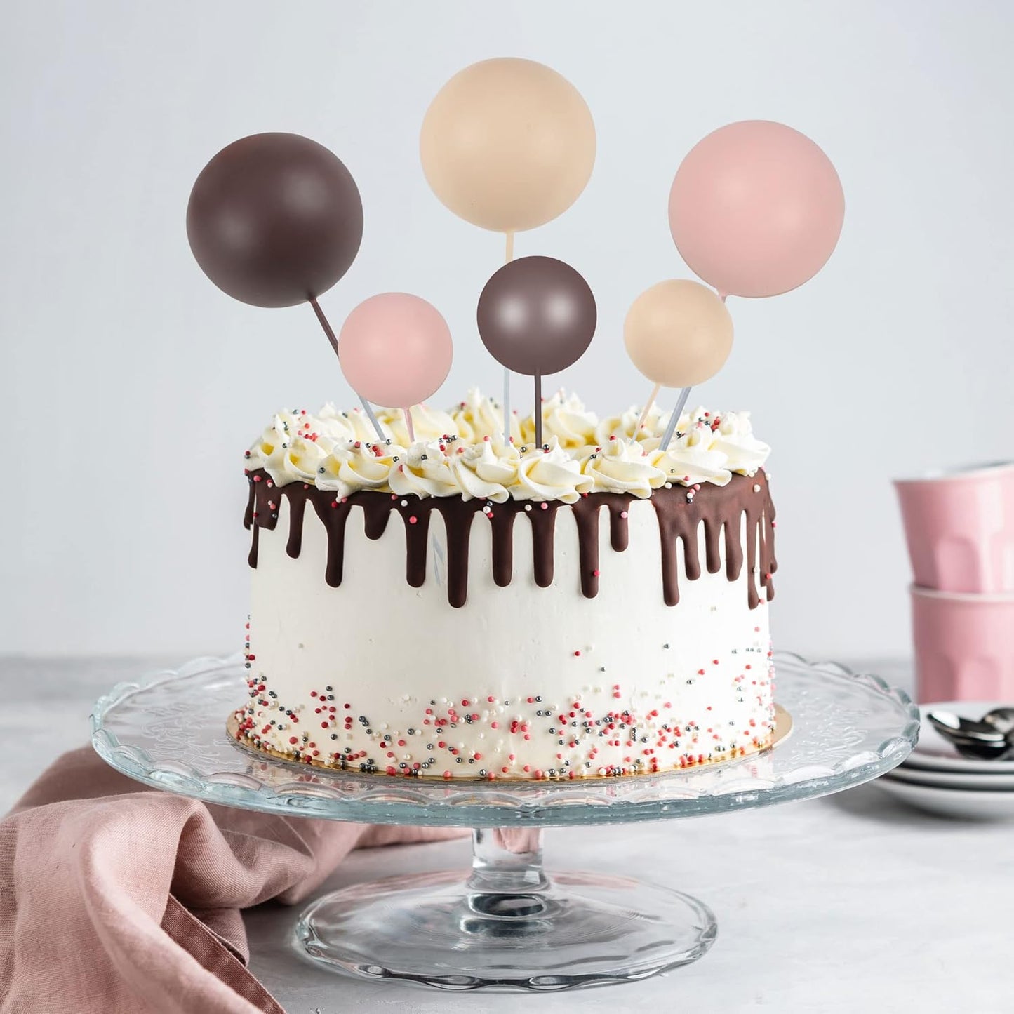 Gyufise 30Pcs Mini Balloon Cake Topper Brown Foam Ball Cake Topper Decorations Faux Pearl Balls DIY Cake Insert Topper Baking Decoration for Wedding Baby Shower Girls Boys Birthday Party Supplies