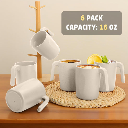 Coffee Mugs Set of 6, Wheat Straw Cups 16 oz, Resuable Plastic Coffee Mugs With Handle, Unbreakable Coffee Mugs, Dishwasher and Microwave safe Coffee Cups for Tea, Camping & Kitchen (Beige)