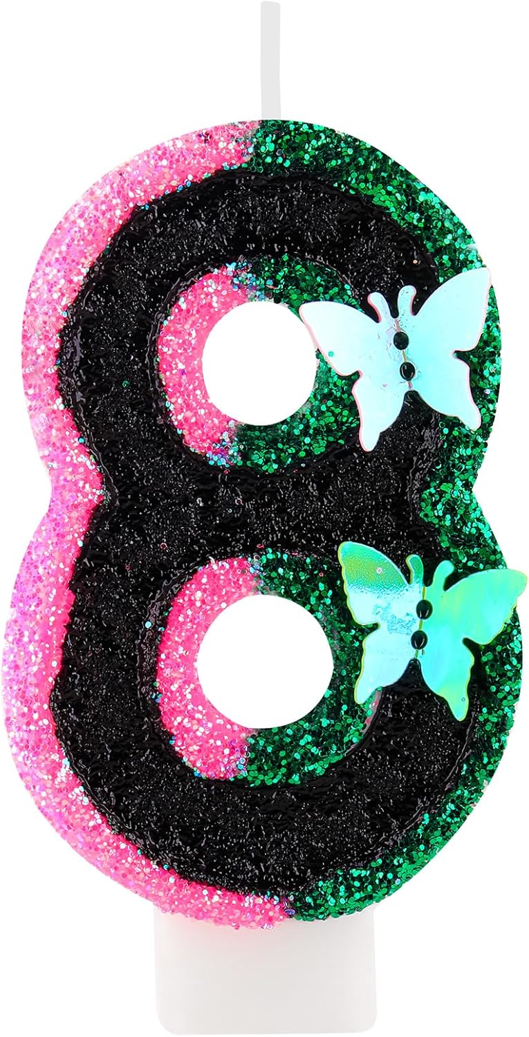 Birthday Number 8 Candles Pink Black and Green Butterfly Birthday Candles for Glitter Cake Topper with Sequins Decorations Girls Women Witch Theme Anniversary Celebrations Supplies