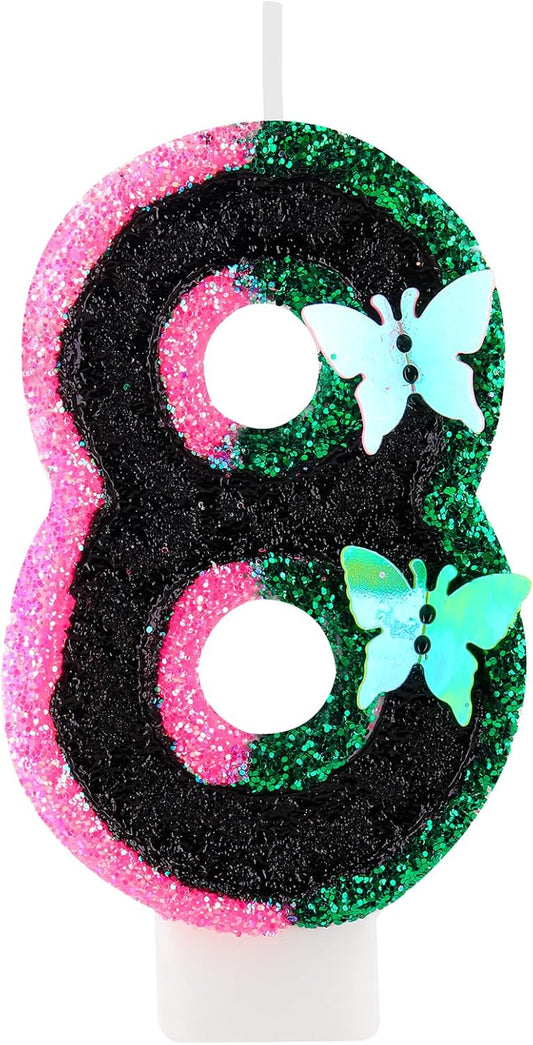 Birthday Number 8 Candles Pink Black and Green Butterfly Birthday Candles for Glitter Cake Topper with Sequins Decorations Girls Women Witch Theme Anniversary Celebrations Supplies