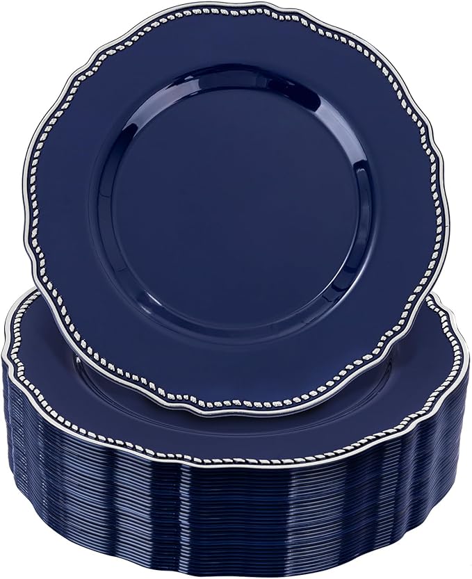 Hioasis 60pcs Blue Plastic Plates - Blue and Silver Disposable Dinnerware with Gold Rim, Heavy-duty, 7.5 inch, Dessert Plates for Party & Christmas