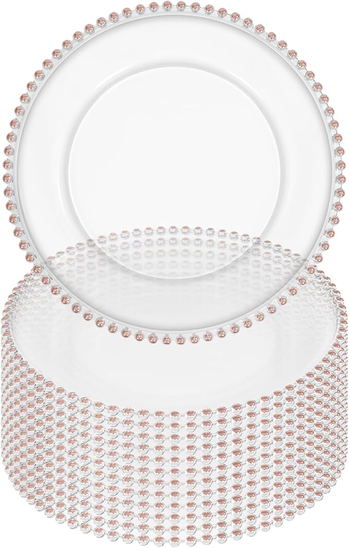 12 Pack Clear Charger Plates Bulk Wedding, 13 Inch Plastic Round Dinner Chargers with Pink Beaded Rim, Acrylic Round Decorative Plates for Wedding Party Home and Tabletop Decor (Pink)