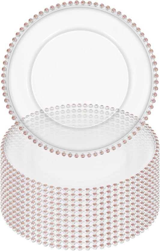 12 Pack Clear Charger Plates Bulk Wedding, 13 Inch Plastic Round Dinner Chargers with Pink Beaded Rim, Acrylic Round Decorative Plates for Wedding Party Home and Tabletop Decor (Pink)