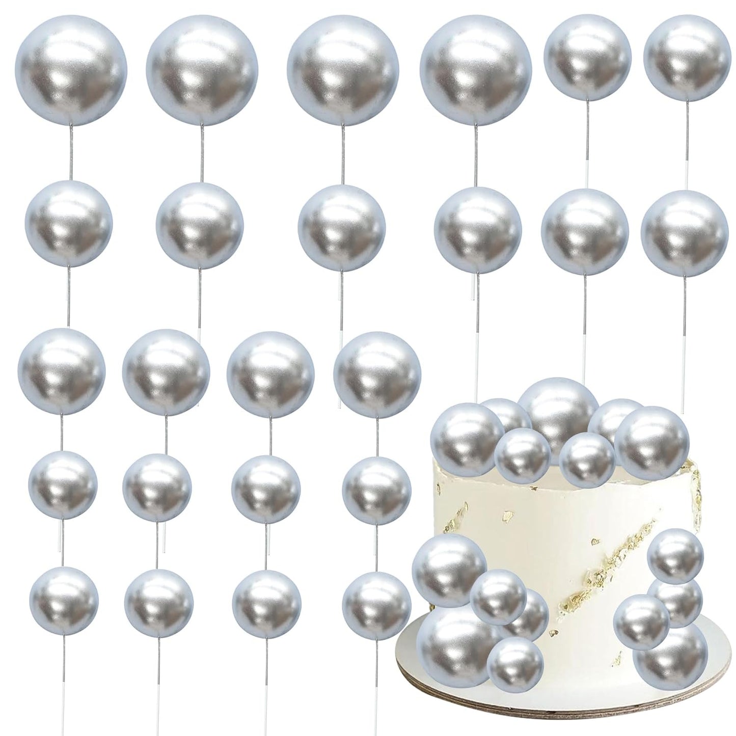 Gyufise 30Pcs Mini Balloon Cake Topper Foam Ball Cake Picks Cupcake Faux Pearl Balls DIY Cake Insert Topper Decoration for Anniversary Graduation Birthday Party Baby Shower Silver