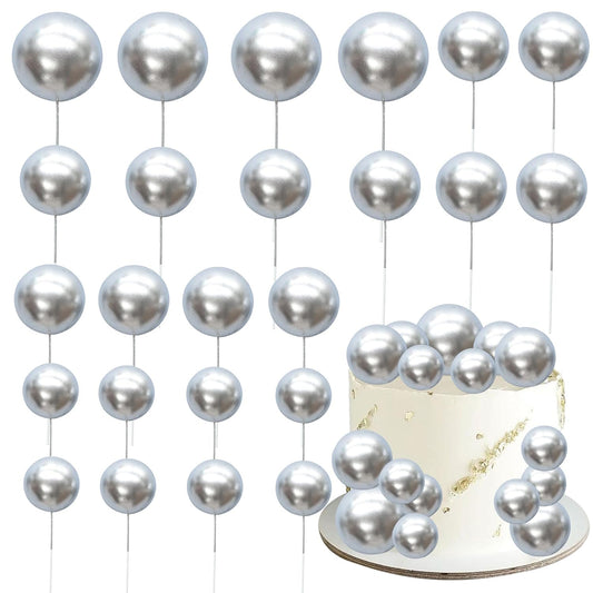 Gyufise 30Pcs Mini Balloon Cake Topper Foam Ball Cake Picks Cupcake Faux Pearl Balls DIY Cake Insert Topper Decoration for Anniversary Graduation Birthday Party Baby Shower Silver