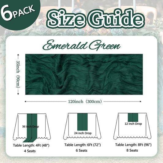 6 Pack Emerald Green Cheesecloth Christmas Table Runner 10ft Boho Gauze Fabric Cheese Cloth Table Runner 35 x 120 Inch Rustic Sheer for Romantic Wedding Decor Baby Shower Party Centerpiece Decoration