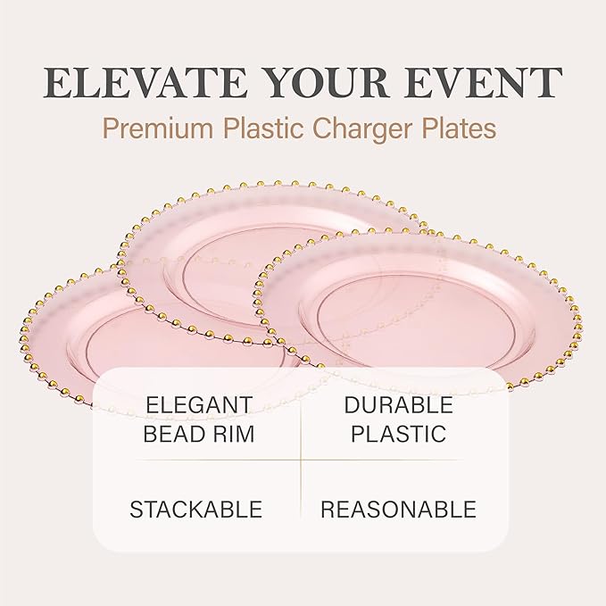 PLASTICPRO Translucent Pink with Gold Rim Plastic Charger Plates with Beaded Edge – Pack of 4 – 13" Elegant Round Disposable Chargers for Weddings, Events, Parties, and Dinners