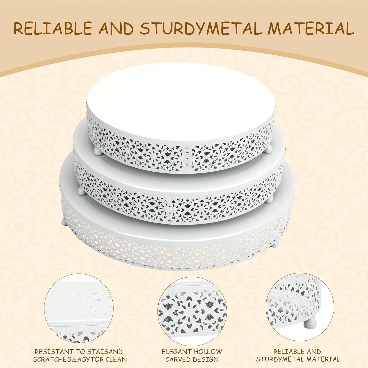 3 Piece Cake Stands Set 16'' 14'' 12'' Round Metal Cake Stands Cupcake Stand Riser Pastry Candy Display Plate for Dessert Table Wedding Event Birthday Anniversary Party (White)