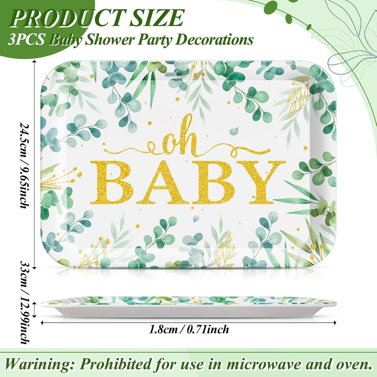 Greenery Baby Shower Serving Tray - 3 PCS Melamine Platters Sage Green Baby Shower Party Supplies 13" Eucalyptus Leaves Oh Baby for Gender Reveal Decorations Birthday Neutral Party Favors