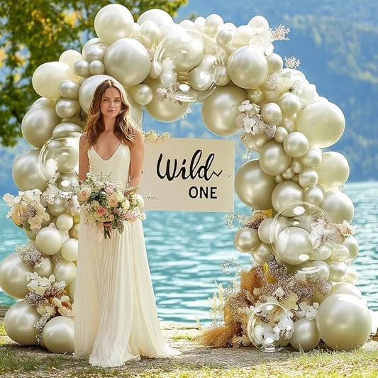 Pearl Balloon Arch - Double Stuffed Pearl Gold Balloon Garland Kit Beige Cream Balloons Different Sizes 12/10/5in With Clear Bobo Balloons For Birthday Wedding Bridal Baby Shower Baptism Party Decor