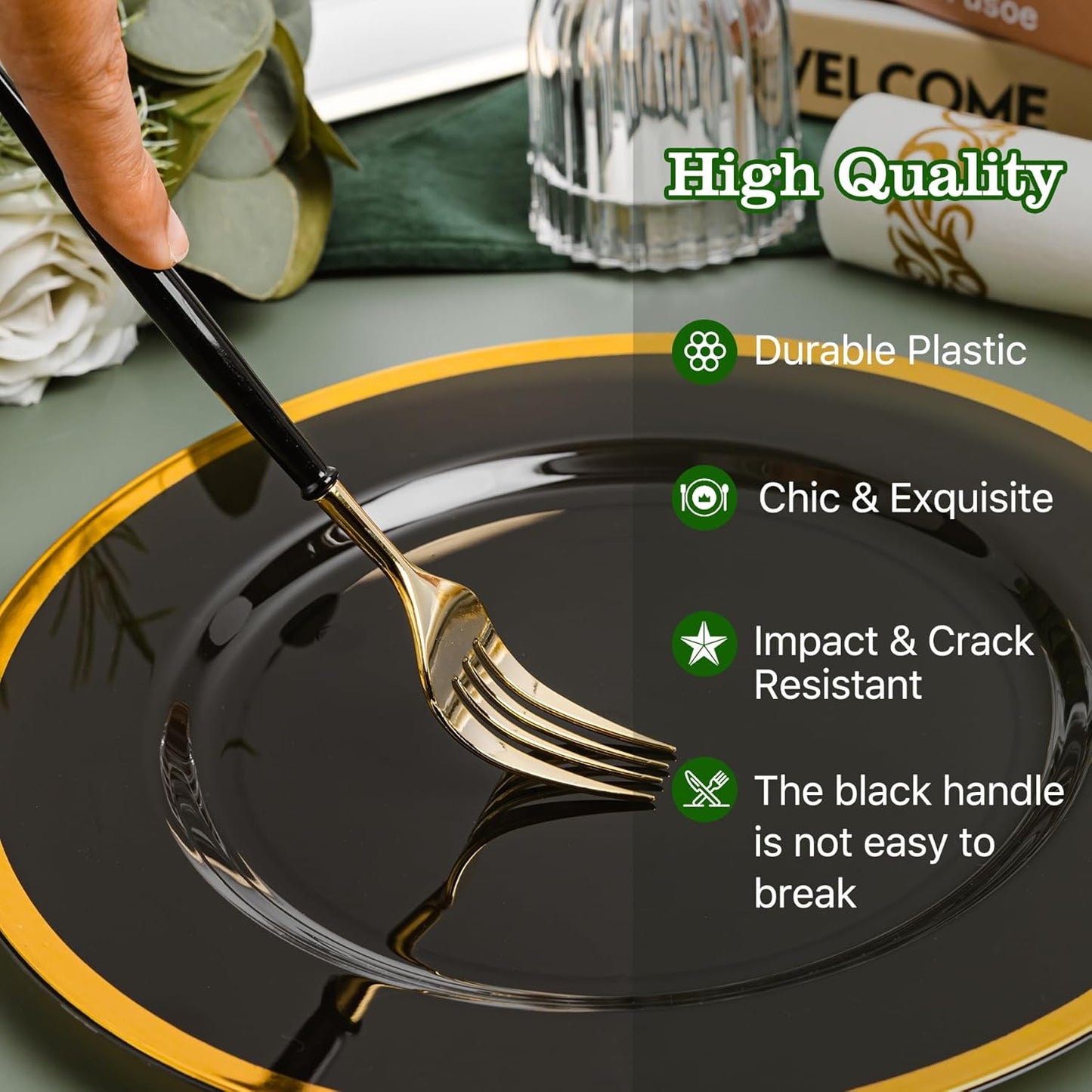 N9R Gold Plastic Cutlery Set - 90pcs with Black Handle - Fancy Plastic Silverware, Heavy Duty - 30 Spoons, 30 Forks, 30 Knives for Halloween and Everyday Use