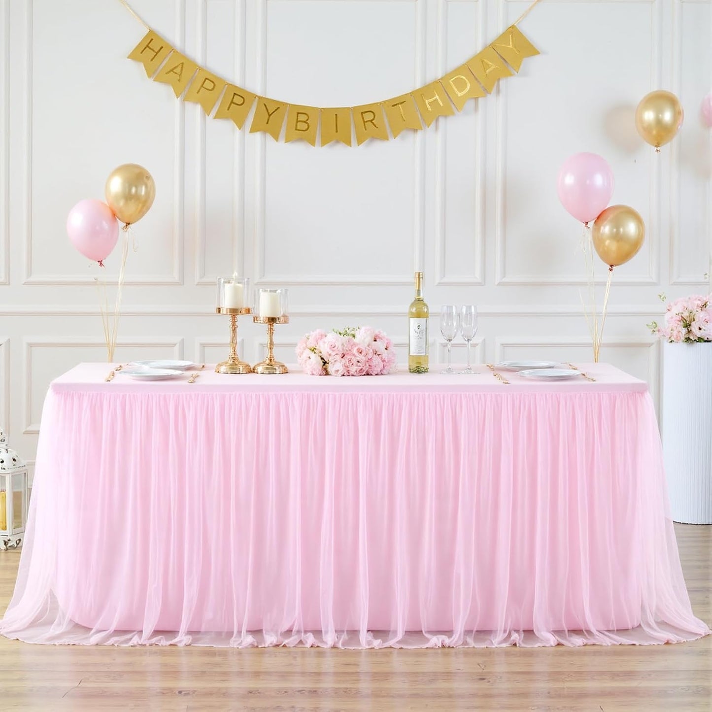 6ft Pink Tulle Tablecloth for Rectangle Tables 6 Foot Pink Table Cloth Rectangle Wrinkle Free Stretch Table Cover with Tutu Skirt for Baby Shower Girls Birthday Party Banquet Buffet Desk Skirt