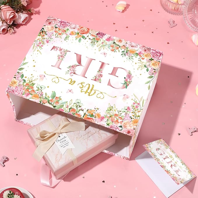 Wayyogh Baby Shower Paper Bag, Rose Gold Floral 'It's a Girl' Gift Bag with Wrapping Tissue Paper, Greeting Card and Handle for Girls' Baby Shower, Birthday Party Favors Decorations Supplies