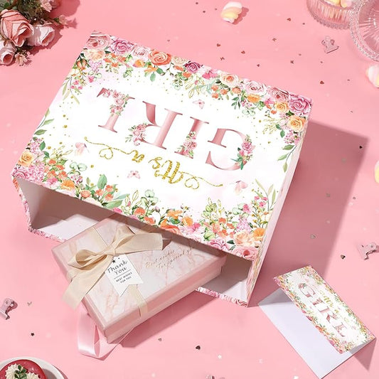 Wayyogh Baby Shower Paper Bag, Rose Gold Floral 'It's a Girl' Gift Bag with Wrapping Tissue Paper, Greeting Card and Handle for Girls' Baby Shower, Birthday Party Favors Decorations Supplies