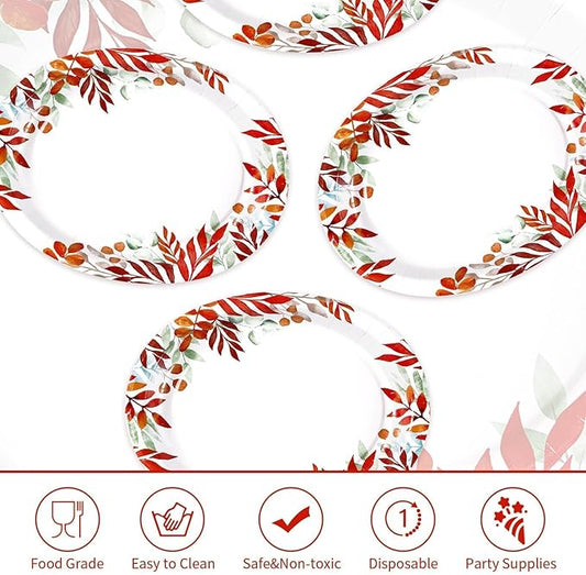 Grencian 50Pcs Fall Oval Paper Plates 10" x 12" Large Disposable Heavy Duty Fall Maple Leaves Paper Plates Autumn Leaves Seasonal Party Decorations for Thanksgiving Holiday Party Supplies