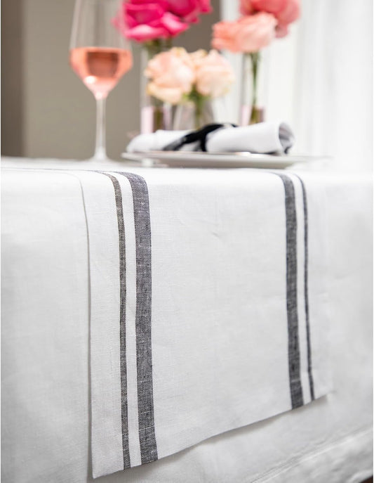 Solino Home Linen Table Runner 120 Inches Long - 100% Pure Linen Black and White French Stripe Table Runner 14 x 120 Inch for Dining, Fall, Autumn, Halloween, Thanksgiving