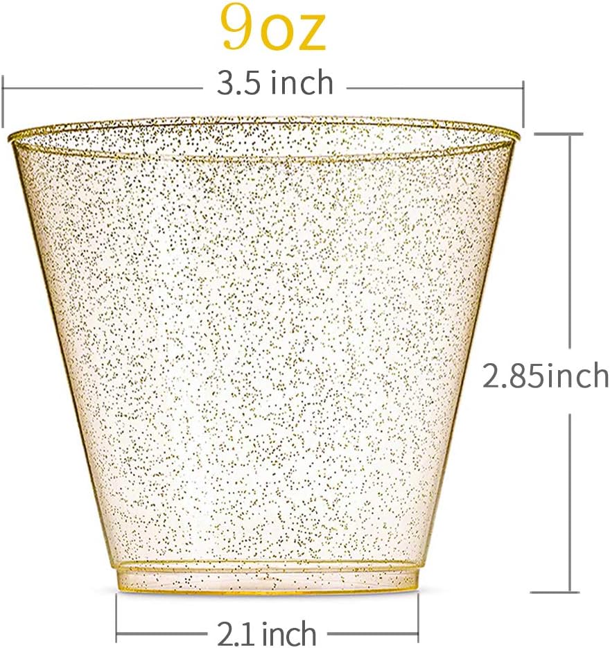 WDF 200pcs 9OZ Gold Cups,Disposable Premium Wedding Gold Glitter Plastic Cups for Thanksgiving Party
