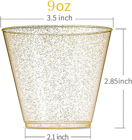 WDF 200pcs 9OZ Gold Cups,Disposable Premium Wedding Gold Glitter Plastic Cups for Thanksgiving Party