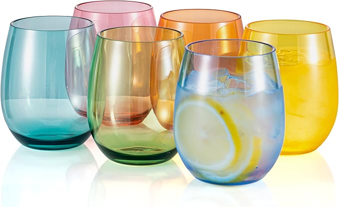 KOXIN-KARLU Classic 18-ounce Acrylic Stemless Wine Glasses, Unbreakable Mixed Drinkware Plastic Tumbler, set of 6 Mixed Color