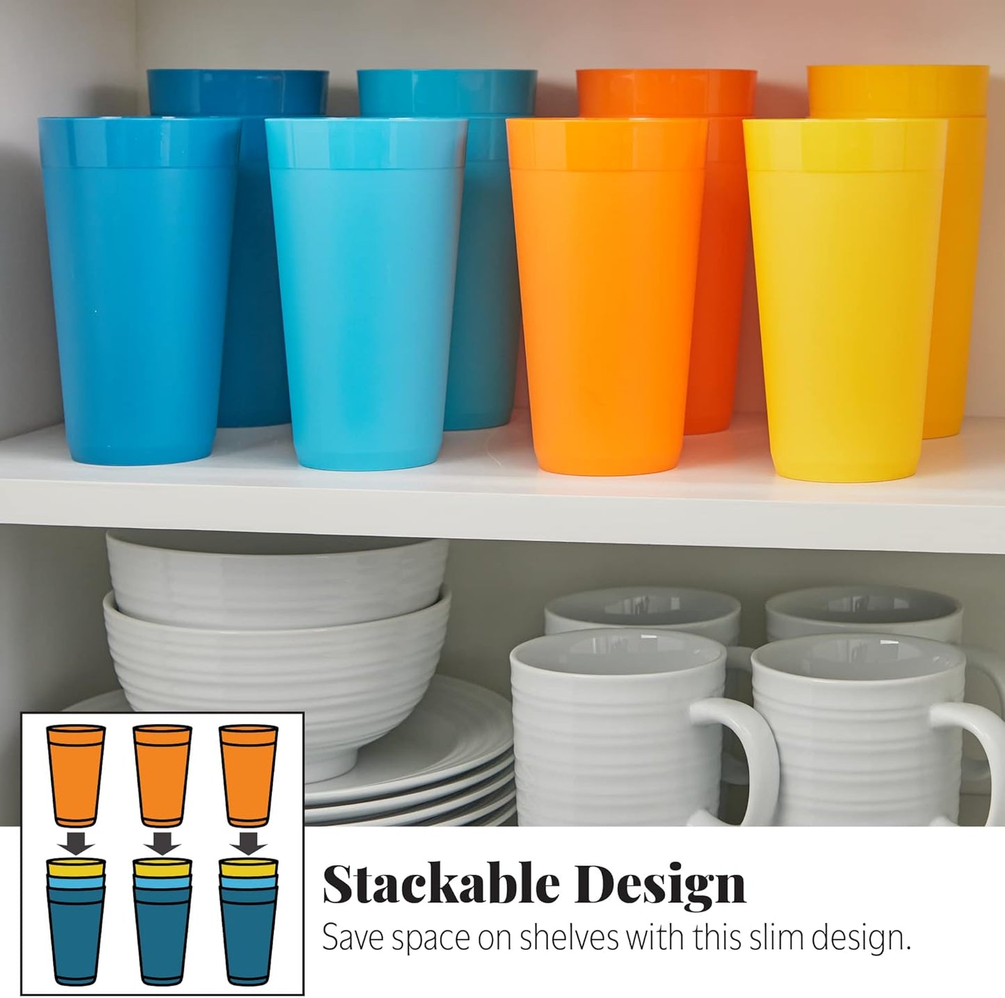 US Acrylic Newport 20 ounce Unbreakable Plastic Stackable Water Tumblers in 4 Sunrise Colors | Set of 12 Drinking Cups | Reusable, BPA-free, Made in the USA, Top-rack Dishwasher and Microwave Safe