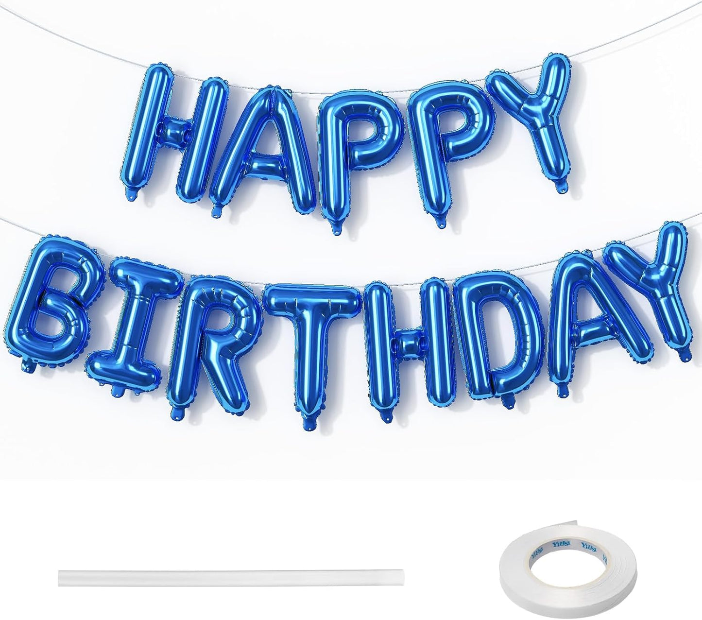 Happy Birthday Balloons Letters Banner, Blue Happy Birthday Bunting Balloon, 16 Inch Self Inflating Birthday Mylar Foil Balloons Banner with Ribbon for Boys Men Birthday Party Decorations Supplies