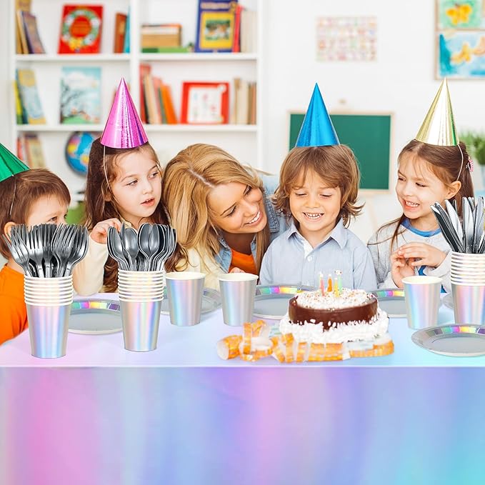 Iridescent Party Decorations,132 Pcs Disposable Iridescent Party Plates Cups Knives Spoons Forks for Party Supplies Birthday Wedding Outdoor Picnic,Disposable Plastic Tablecloths for Home Dinner Decor