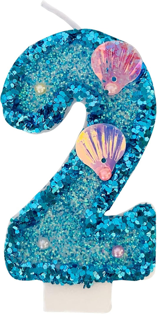 Blue Number Candle,Shell Sequins Number Candles for Birthday Cakes Mermaid Themed Party Supplies Number 2 Candle