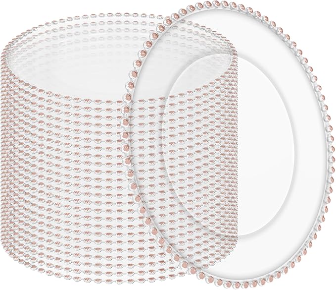 24 Pack Clear Charger Plates Bulk Wedding, 13 Inch Plastic Round Dinner Chargers with Pink Beaded Rim, Acrylic Round Decorative Plates for Wedding Party Home and Tabletop Decor (Pink)