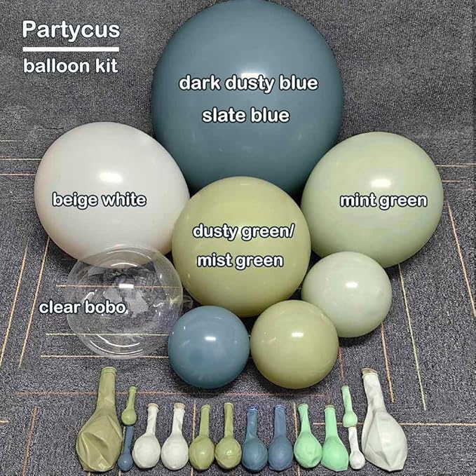 Blue Green Balloon Arch Kit Double Stuffed Dusty Mint Green Slate Blue White Pastel Olive Balloon Garland with Clear Bobo for Baby Shower Bridal Wedding Birthday Goose Easter Valentines Party Decor