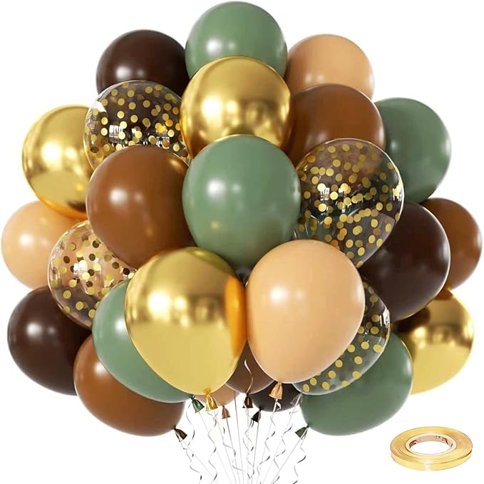 Zesliwy Sage Green Brown Balloons Set,50pcs 12inch Retro Green Dark Brown Nude Balloon and Tan Metallic Gold with Confetti Balloon for Jungle Safari Hunting Woodland Forest Birthday Party Decoration