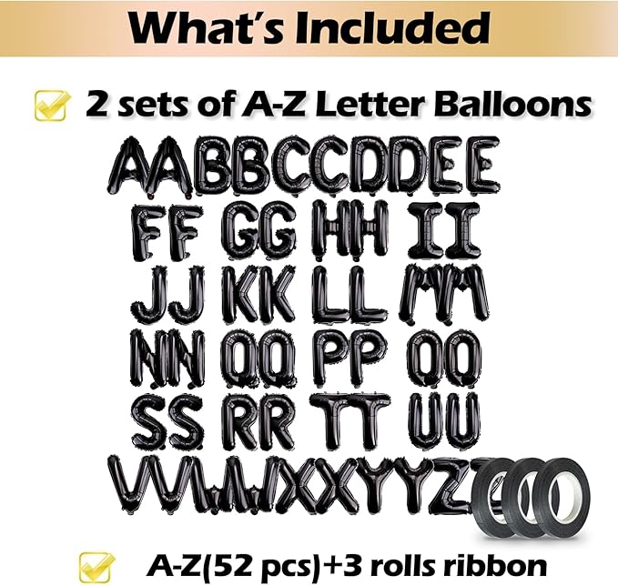 [52 PCS] 16" Foil Black Letter Balloons 2 Sets of A-Z, Mylar Aluminum Hanging Alphabet for Graduation New Year eve Birthday Party Decorations