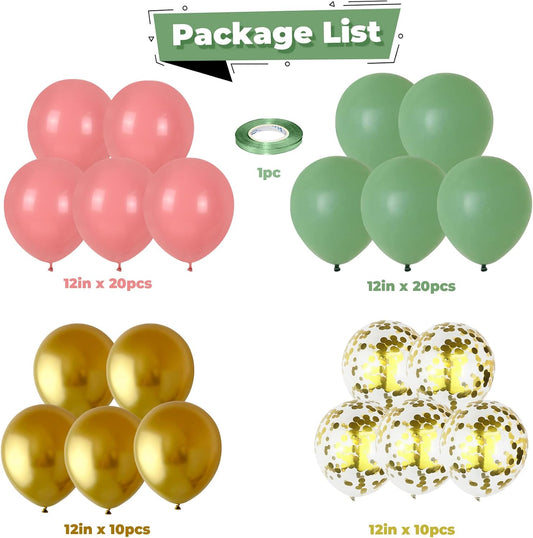 Green Pink Balloons 12inch 60pcs Sage Green Dusty Pink Balloons for Jungle Birthday Party Decorations Metallic Gold Confetti Helium Latex Balloon Bridal Shower Wedding Wildflower Baby in Bloom