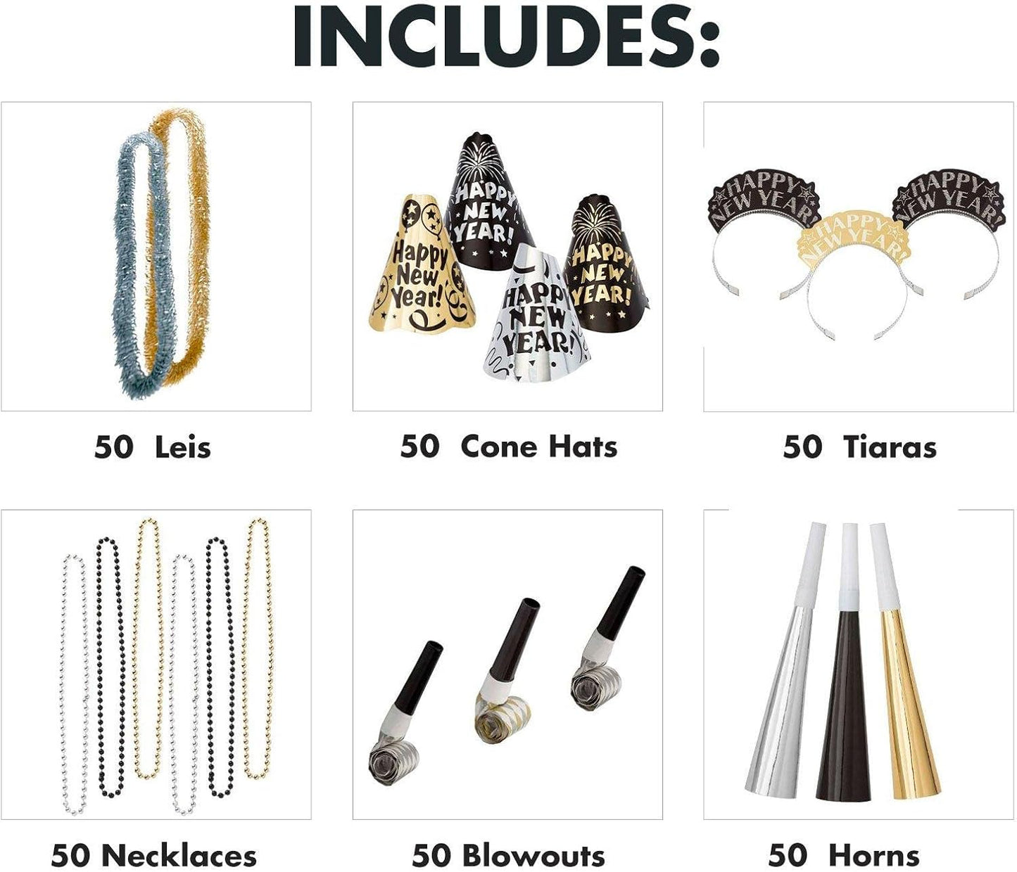 amscan Fantasy 2025 New Year's Eve Decorations Party Supplies for 100, Includes Top Hats, Tiaras and Bead Necklaces