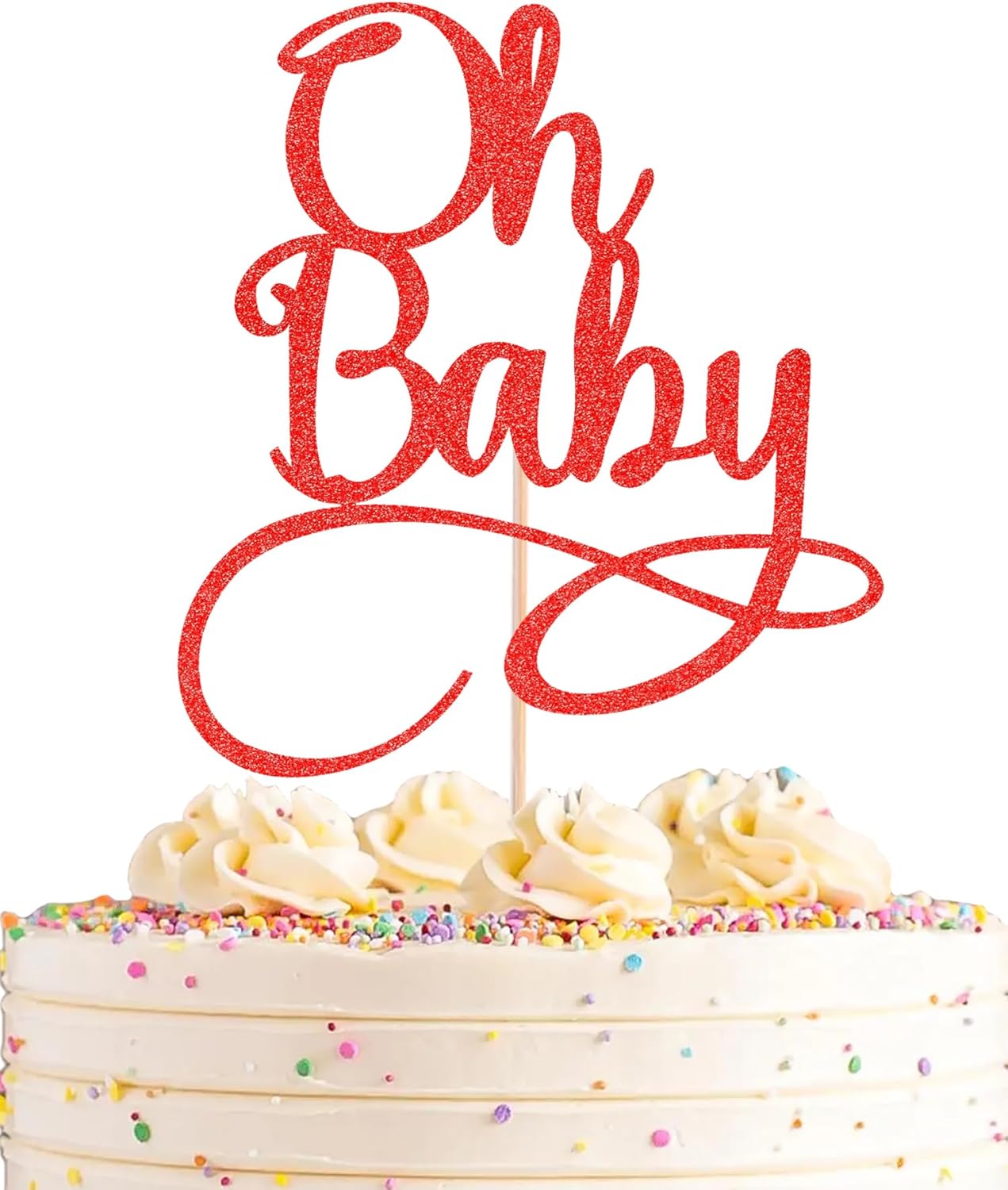 Oh Baby Cake Topper - Red Glitter Baby Birthday Party Cake Decoration Supplies, for Baby Shower/Gender Reveal Party Photo Booth Props