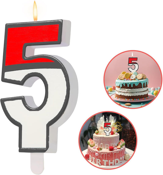 Number 5 Candle Cartoon Red and White Birthday Cake Candle for Cartoon Animated Birthday Decoration Party Supplies (Number 5)
