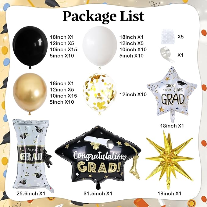 Graduation Balloon Arch Garland Kit 2026, Black Gold Confetti White Graduation Decorations with Foil Grad Cap Diploma Star Balloons for Congrats Class of 2026 Graduates Celebrations Party Decorations