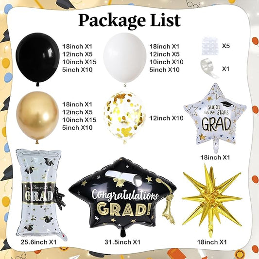 Graduation Balloon Arch Garland Kit 2026, Black Gold Confetti White Graduation Decorations with Foil Grad Cap Diploma Star Balloons for Congrats Class of 2026 Graduates Celebrations Party Decorations