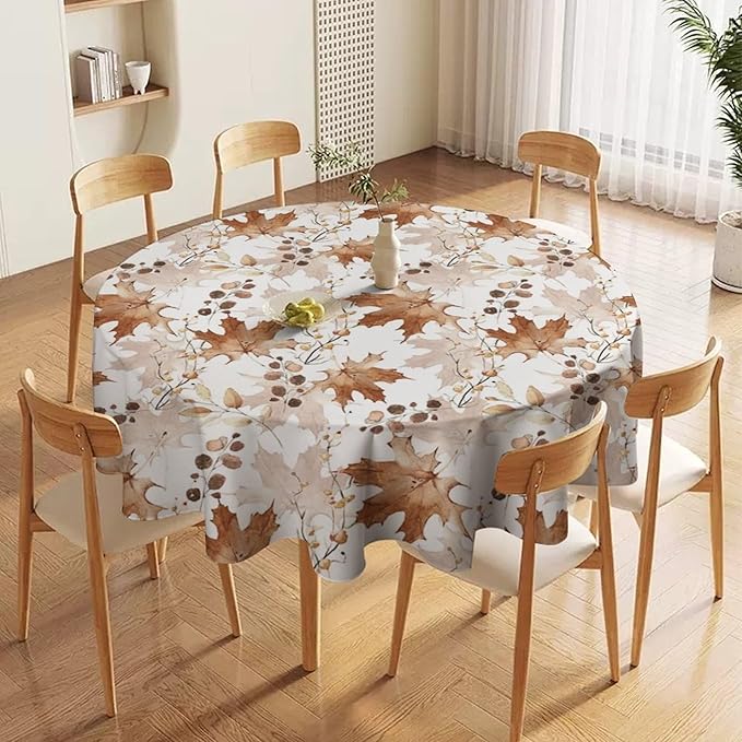 Thanksgiving Maple Leaves Tablecloth, Watercolor Autumn Harvest Fall Watercolor Blue Yellow Leaves Table Cover for Party Picnic Dinner Decor 50x50 Inch Round