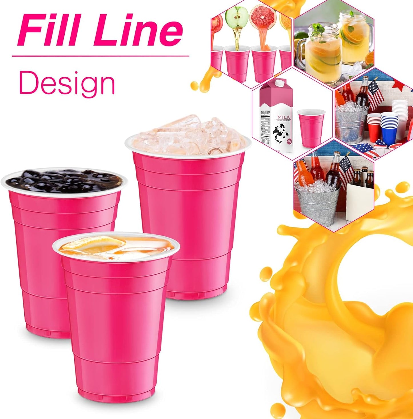 Lounsweer 100 Pack 16 Ounce Christmas Plastic Party Cups Disposable Heavy Duty Drinking Water Cups for Holiday Christmas Festival Wedding New Year Birthday Party Supplies(Pink)