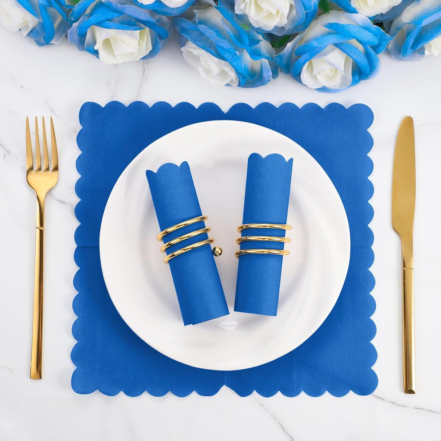120 Pcs Royal Blue Napkins, Scalloped Blue Cocktail Napkins Disposable Beverage Dessert Napkin Patriotic Paper Napkin for Bar Birthday Baby Shower, 5 x 5 Inch