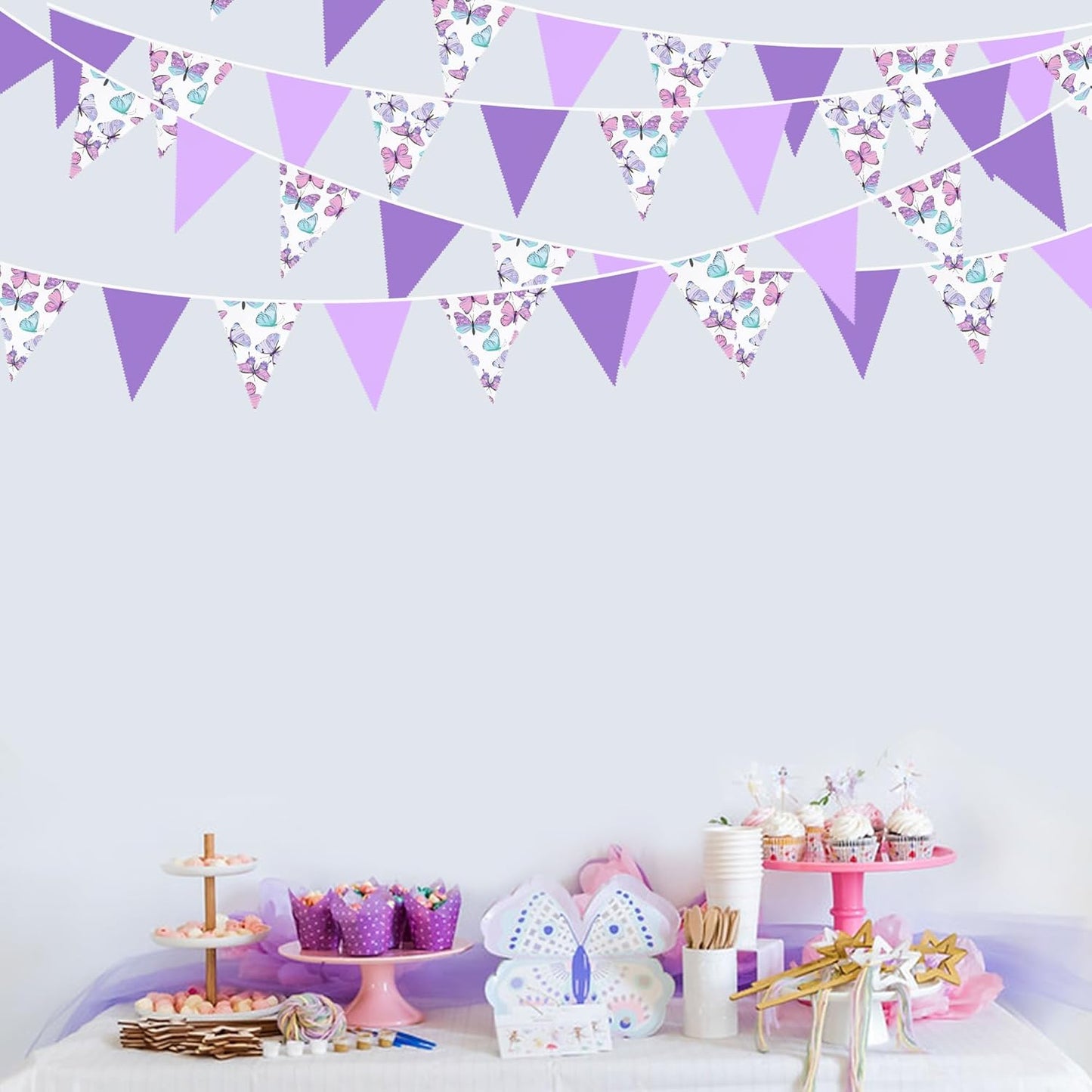 32Ft Pink Purple Butterfly Triangle Flag Fabric Banner Pennant Garland Streamer for Birthday Wedding Baby Shower Lavender Mermaid Girls Tea Party Decor