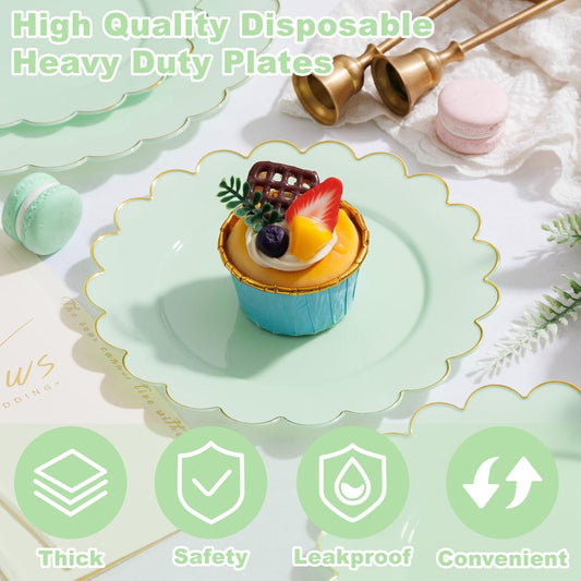 LIYH 100 Pcs Sage Green Plates Scalloped Plastic Dessert Plate Gold Rim - 7.5 Inch Heavy-Duty Leak Proof Appetizer Plastic Plates for Birthday Wedding Holiday Party Self-Service Table Decor