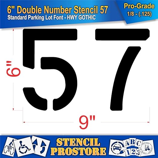 Pavement, Curb, and WheelStop Stencils - 6 inch Double Number Stencil - (57) - 6" x 9" x 1/8" (128 mil) - Pro-Grade