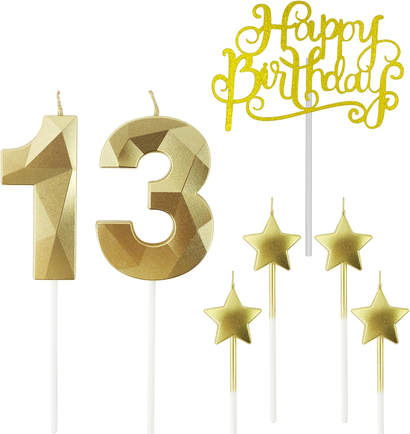 Golden Number 13 Birthday Candles and Star Birthday Candles 2.76 inch Birthday Cake Candles 3D Diamond Shaped Candles are Suitable for Birthday Parties and Anniversary Cake Decorations Candles