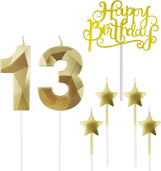 Golden Number 13 Birthday Candles and Star Birthday Candles 2.76 inch Birthday Cake Candles 3D Diamond Shaped Candles are Suitable for Birthday Parties and Anniversary Cake Decorations Candles