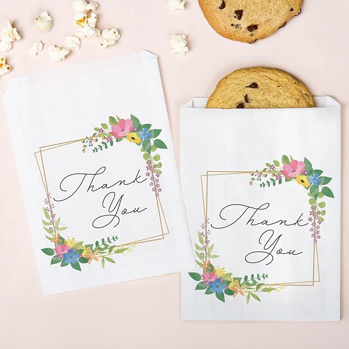 Big Dot of Happiness Wildflowers Thank You Paper Treat Bags, Boho Floral Bridal Shower or Wedding Party Individual Candy Snack Favors, Greaseproof White Sandwich Cookie Bags - 25 Count