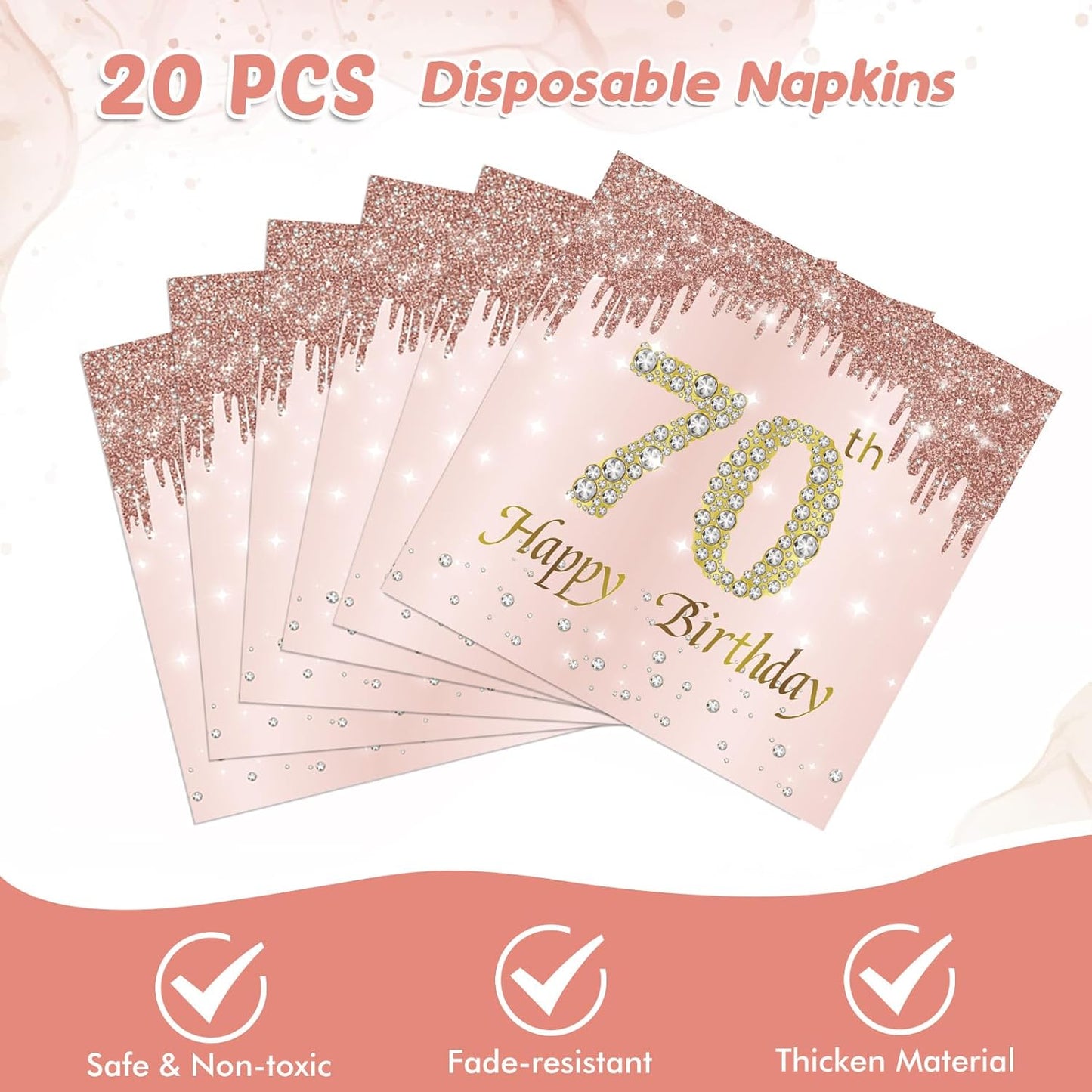 70th Birthday Decorations, Rose Gold Birthday Party Supplies Include 20Pcs Plates 20Pcs Napkins Sweet Seventy Year Old Party Tableware for Girl Ladies Women
